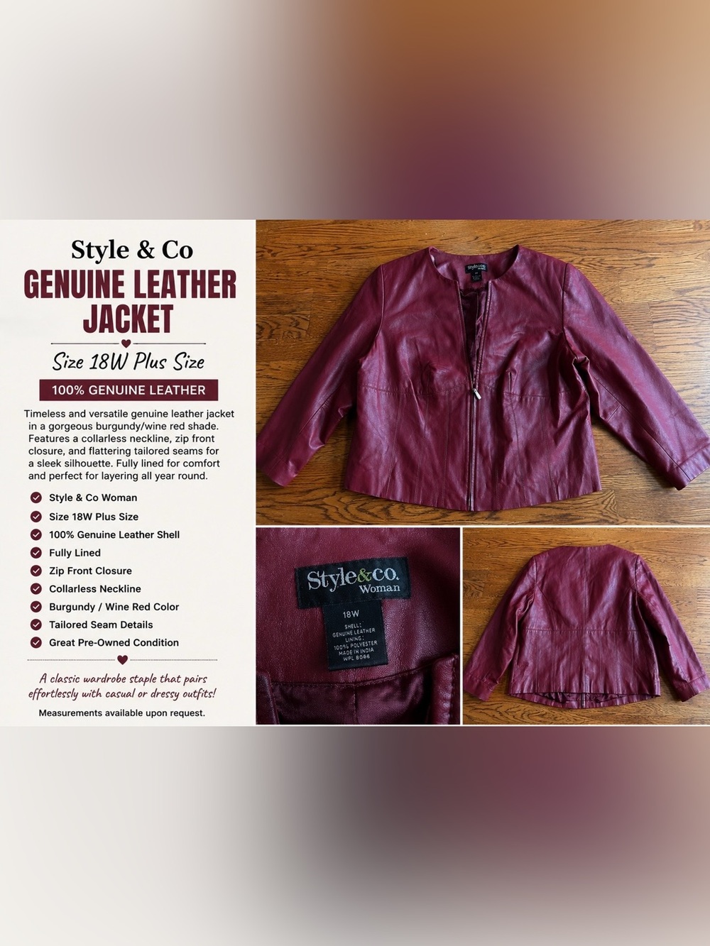 Style & Co Genuine Leather Jacket Burgundy Wine Red Size 18W Plus Size - Picture 2 of 11
